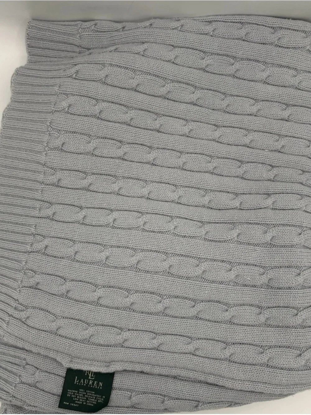 Ralph Lauren 100% Cotton Cable Knit Throw Blanket Slate Blue Luxury Home